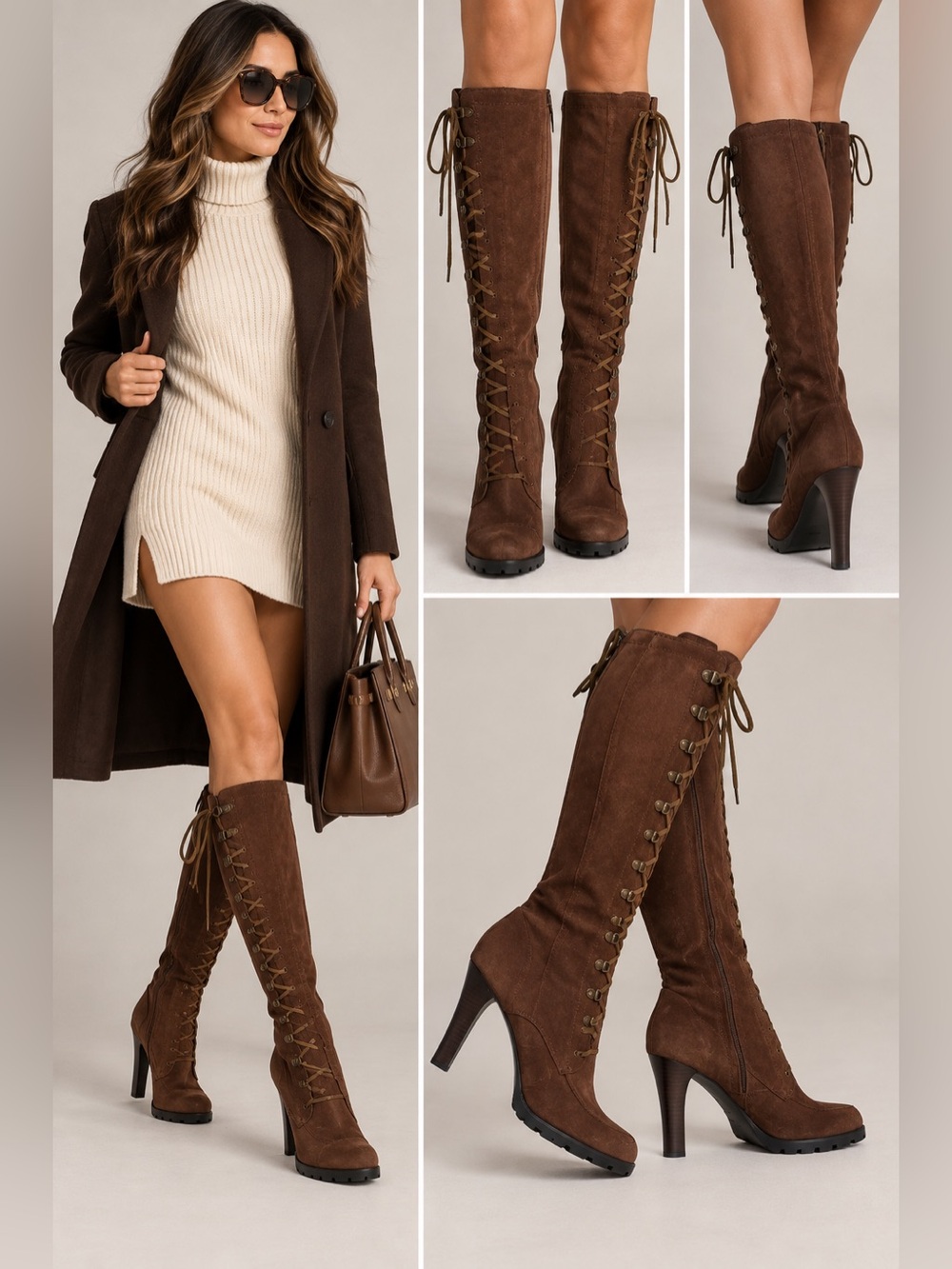 Lauren Ralph Lauren Brown Suede Victorian Lace Up Knee High Boots 9.5M Tall